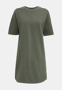 Oversized T-shirt dress in olive green cotton, featuring short sleeves, a round neckline, and side slits at the hem for added comfort.