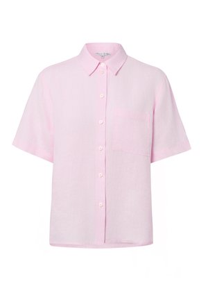 Chemise rose clair à manches courtes avec col et poche poitrine, en tissu léger.