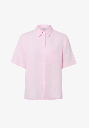 Jasnoróżowa koszula z krótkim rękawem, zapinana na guziki, z kołnierzykiem i kieszenią na piersi, wykonana z lekkiego materiału.