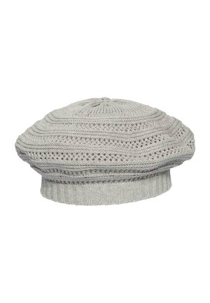 Light gray knitted beret with ribbed band and textured openwork pattern throughout the round, flat crown.