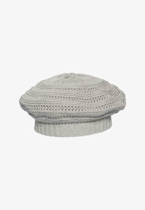 Light gray knitted beret with ribbed band and textured openwork pattern throughout the round, flat crown.