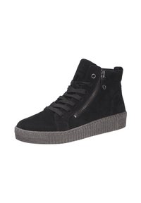 Zwarte suède high-top sneakers met een gestructureerde rubberen zool, voorzien van een zijrits en vetersluiting. Gladde afwerking met minimale stikdetails.