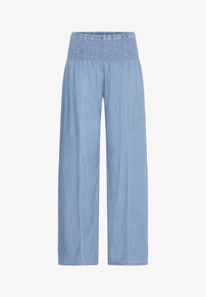 Hele sinised laia lõikega püksid kõrge, kummipaelaga ja voltidega vööndiga, valmistatud pehmest teksariidest, esitatud valgel taustal laotatult.