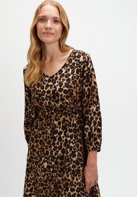 Sukienka w motyw panterki z dekoltem w kształcie litery V, elastyczną talią i długimi rękawami. Materiał ma gładką teksturę; kolory obejmują beżowy, czarny i brązowy.
