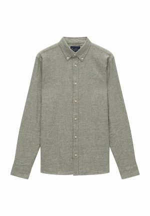 Langærmet, knap-op skjorte i tekstureret, dæmpet grøn stof. Har en krave nær halsen og frontknaplukning, med en lige skæring.