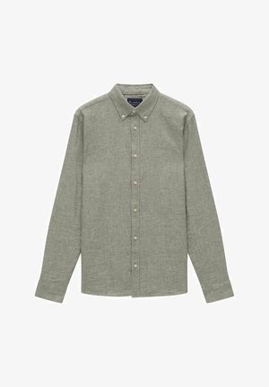 Langærmet, knap-op skjorte i tekstureret, dæmpet grøn stof. Har en krave nær halsen og frontknaplukning, med en lige skæring.