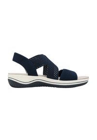 Navy blue sandals with perforated fabric straps, a lightweight sole, and white accents. Contoured footbed for added comfort.