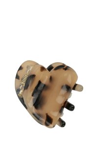 Fermaglio per capelli beige con motivo maculato nero. Design semi-trasparente con bordi arrotondati e cinque punte per una chiusura sicura.