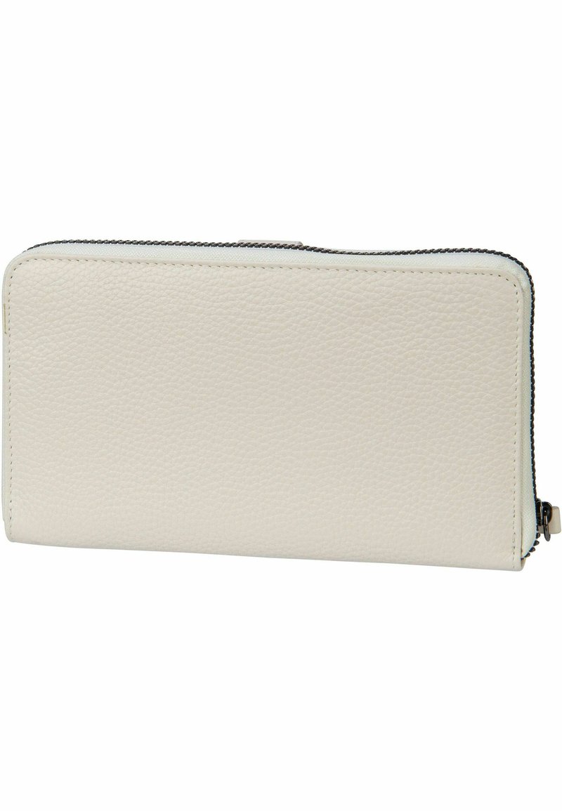 Portafoglio in pelle crema con finitura texture, forma rettangolare e chiusura a zip nella parte superiore. Design minimalista senza hardware visibile.