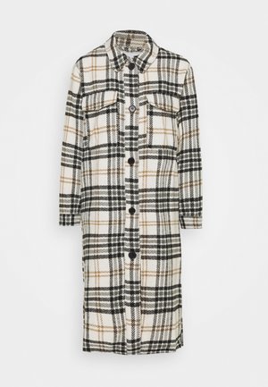 Long plaid coat with black, beige, and white checks, button front, two chest flap pockets, collar, and long sleeves.