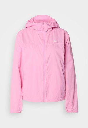 Lett rosa jakke med glidelås foran, hette, elastiske mansjetter og en liten logo på øvre venstre side. Glatt tekstur, uformell design.