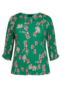 Blusa floreale verde con scollatura a V, maniche a tre quarti, texture plissettata, decorata con fiori rosa e beige. Finitura in tessuto morbido.