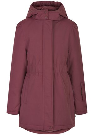 Lila Kapuzenparka mit elastischem Bund, vorderen Druckknöpfen, Reißverschlusstasche am Ärmel und zwei Seitentaschen.