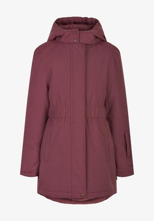 Mauve hooded parka coat with elastic waist, front snap buttons, zip pocket on sleeve, and two side pockets.