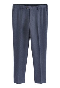 Marineblaue gemusterte Hose mit strukturiertem Finish, ausgestattet mit einer Knopfverschlüsse, Gürtelschlaufen und einem geraden Bein.