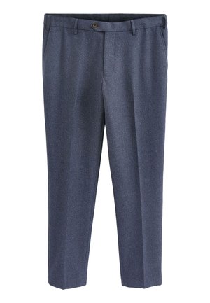 Marineblaue gemusterte Hose mit strukturiertem Finish, ausgestattet mit einer Knopfverschlüsse, Gürtelschlaufen und einem geraden Bein.