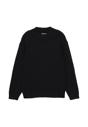 Pull en tricot noir avec un col rond, des manches longues et des poignets côtelés. Présente une texture douce et une coupe décontractée. Aucun motif ou accent visible.