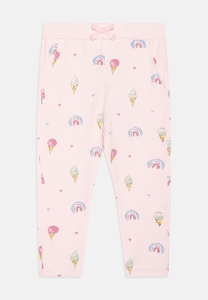Pantalon enfant rose clair avec motif de cornets de glace, arcs-en-ciel, petits cœurs, taille élastique et nœud décoratif au centre devant.
