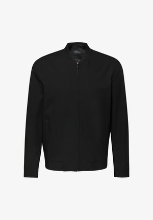 Veste bomber noire avec fermeture éclair frontale, col, poignets et ceinture côtelés, et deux poches latérales.
