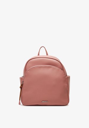 Rucsac compact roz cu buzunar frontal cu fermoar, buzunare laterale, mâner superior și logo-ul "JENNY" pe material neted.
