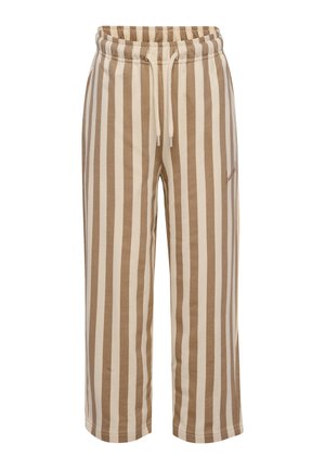 Beige og lysebrune bukser med lodrette striber, elastisk talje og snøre foran, vid pasform.
