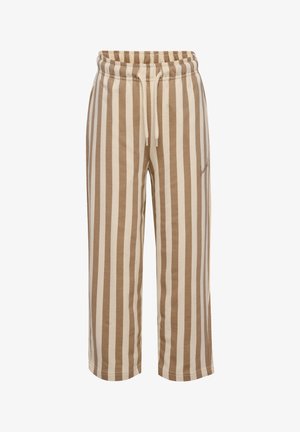 Beige og lysebrune bukser med lodrette striber, elastisk talje og snøre foran, vid pasform.