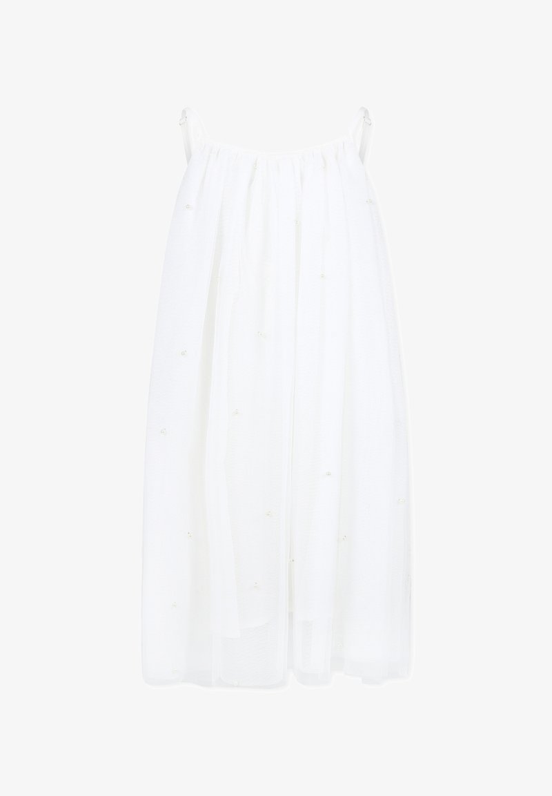 Hvid kjole med tynde stropper, gennemsigtig stof, samlet liv og små dekorative perler overalt. Knælængde med en svævende silhuet.