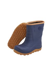 Blå gummistövlar med en tan gummiyttersula. Försedd med strukturerade mönster på sulan och en vadderad kant för komfort. Lämplig för våta förhållanden.