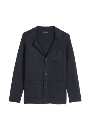 Dark navy cardigan made of textured knit material, featuring a collar, front pockets, and five button closures; simple design without embellishments.