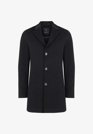 Granatowy wełniany płaszcz z wciętymi klapami, trzema guzikami z przodu, dwoma kieszeniami po bokach i dopasowanym krojem. Miękka faktura i gładkie wykończenie.