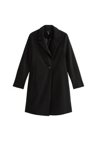 Manteau noir avec col à revers, fermeture à un bouton, deux poches latérales et manches longues. Fabriqué en tissu lisse avec un motif uni.