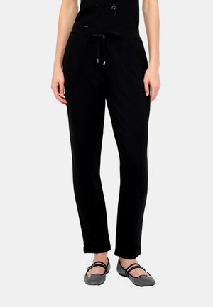 Pantaloni da jogger neri con vita regolabile e tasche laterali. Tessuto morbido con una texture liscia, progettati per comfort e facilità di movimento.
