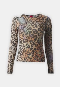 Maglietta a maniche lunghe in tessuto trasparente e a fantasia con stampa leopardata nei toni del marrone e del nero, con un dettaglio a taglio su una spalla.