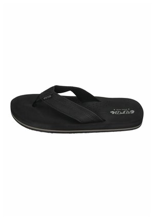 Schwarze Herren-Flip-Flop-Sandale mit gepolsterten Riemen, perforiertem Fußbett und strukturierter Sohle, entworfen für den Alltag.