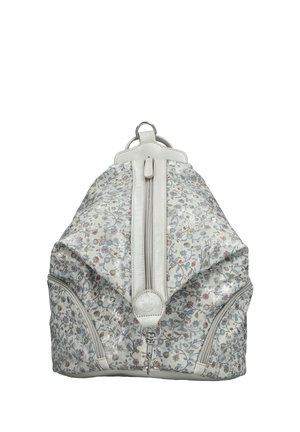 Sac à dos blanc avec motif floral argenté, fermeture éclair verticale centrale, deux poches latérales zippées et un anneau en métal en haut pour l'accrocher.