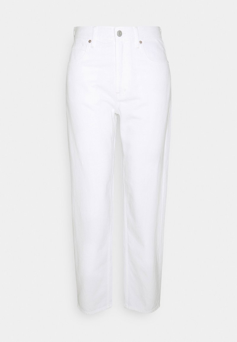 Jean en denim blanc avec taille haute, coupe droite, fermeture avant à boutons et design classique à cinq poches.