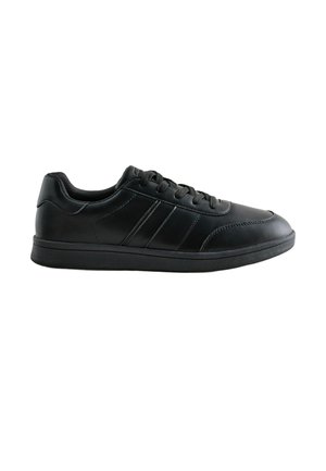 Black low-top sneaker with lace-up closure, smooth leather upper, and textured rubber sole, shown in side profile on white background.