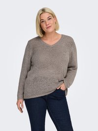 Light brown V-neck knit sweater with a loose fit, long sleeves, and textured fabric. Worn with dark blue jeans, minimalistic design.
