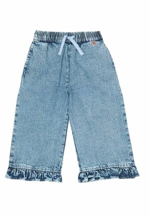 Lyseblå vid bukser af denim med elastisk linning, stribet snor og flæsekant på benenden.