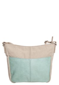 Canvas- og kunstlædertaske med en beige krop og en mintgrøn frontpanel, udstyret med en toplynlås og justerbar strop.