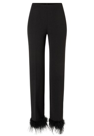 Black wide-leg pants made of tailored fabric with a smooth texture, featuring black feather accents at the cuffs for added detail.