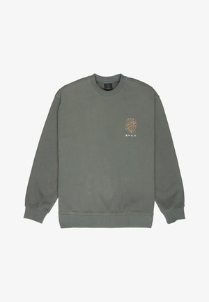 Dunkelgrünes Sweatshirt mit Rundhalsausschnitt und langen Ärmeln, mit gerippten Bündchen und Saum, verziert mit einem kleinen abstrakten Kopfmotiv und dem Schriftzug "RVCA" auf der linken Brust.