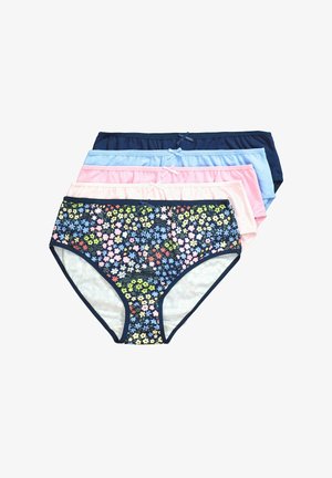 Cinq paires de culottes en coton pour femmes dans différentes couleurs : bleu marine avec imprimé floral, rose clair, bleu clair et bleu foncé, avec des ceintures froncées.