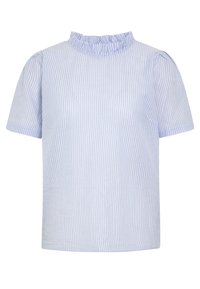 Blå och vit randig kortärmad skjorta med en rynkad hög hals och något puffade ärmar, tillverkad av slätt tyg.