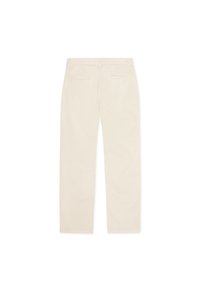 Μπεζ παντελόνι με ίσια γραμμή και λεία βαμβακερή υφή, με κλασική μέση και δύο πίσω τσέπες. Χωρίς ορατά σχέδια ή μεταλλικά στοιχεία.