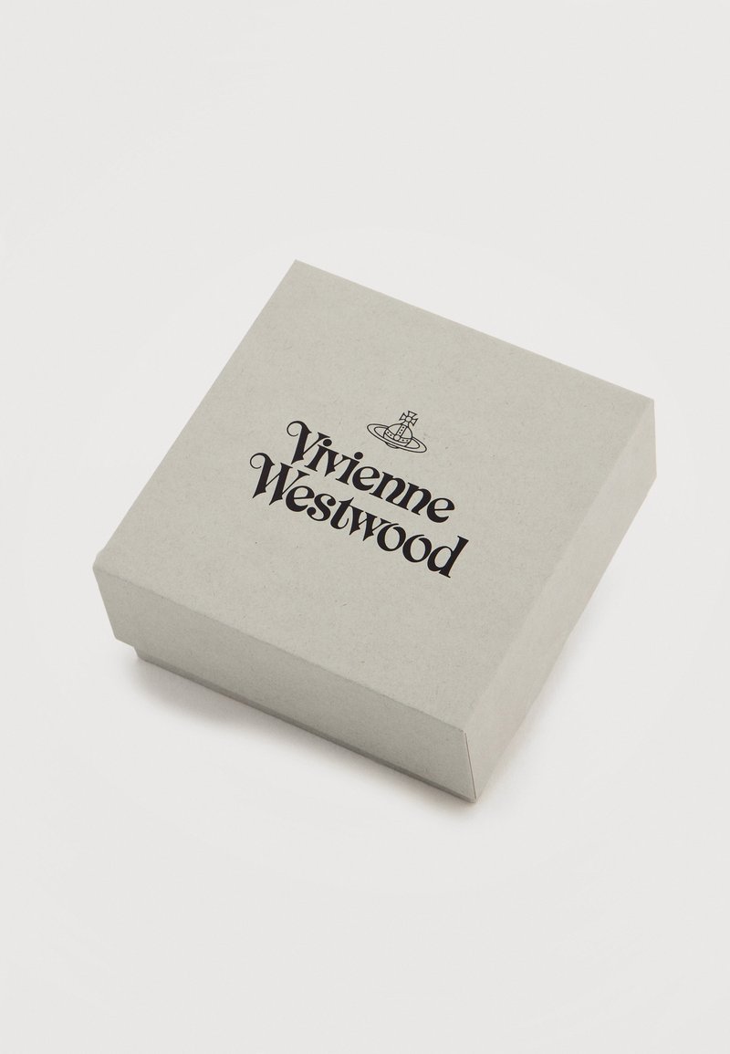 Square beige box with black Vivienne Westwood logo and orb symbol on top, shown at a slight angle on a white background.