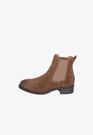 Bottine Chelsea en daim marron avec un panneau latéral élastique et un petit talon empilé.