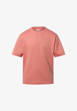 T-shirt uni à manches courtes et col rond, de couleur corail rose douce, présenté de face sur fond blanc.