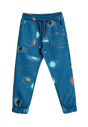 Blauwe sweatpants met een ruimte-thema print van planeten en sterren. Elastische tailleband, twee voorzakken en elastische boorden bij de enkels.