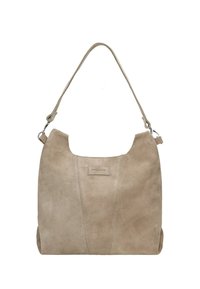 Sac à main en daim beige avec une bandoulière, présentant un haut courbé, une base plate et un logo embossé subtil à l'avant.